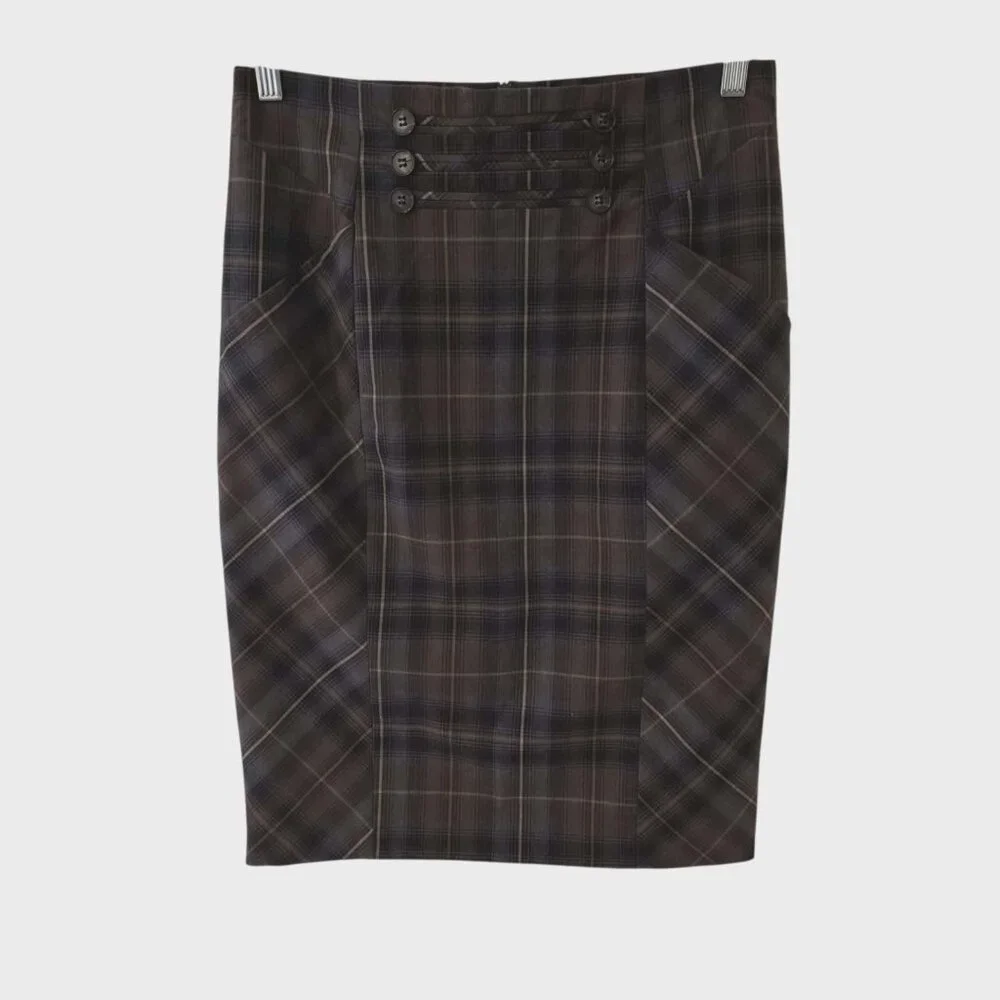 Katherine Barclay Skirt Pencil Straight Cut Black Brown Plaid Pockets Lined Sz 4